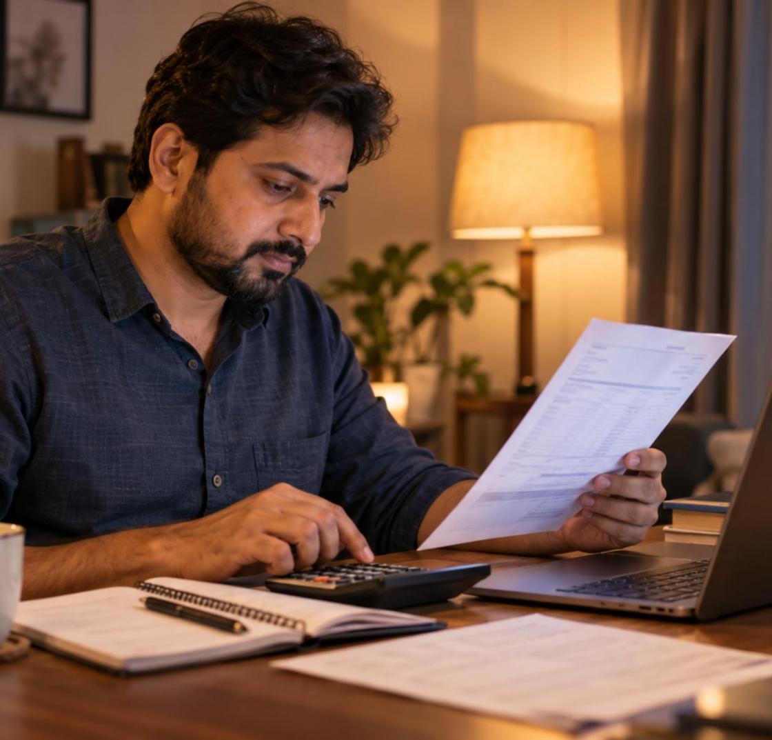 Salaried professional comparing a salary slip with a calculator and laptop while planning salary tax saving india options
