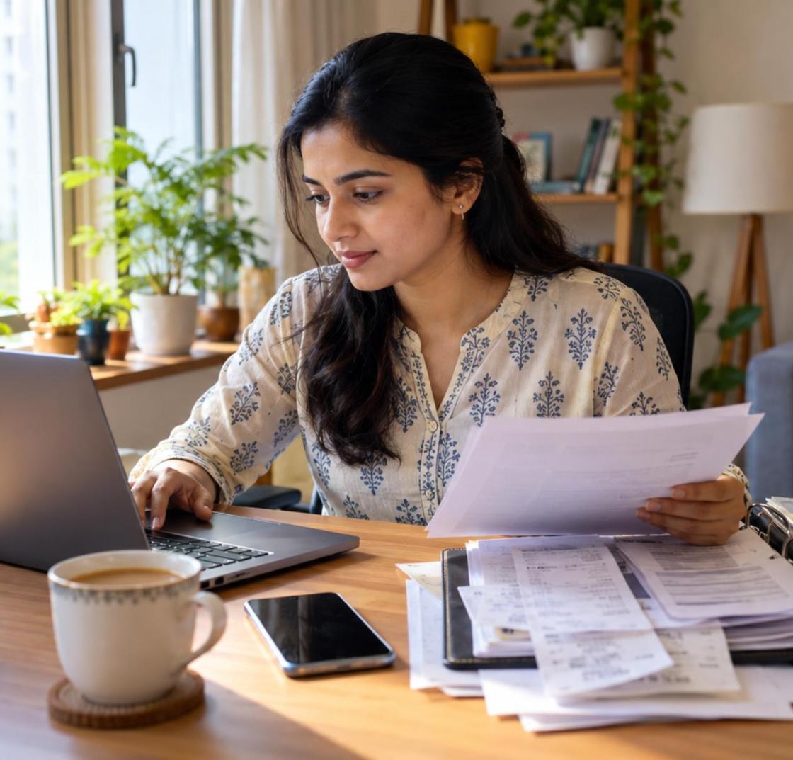 Woman at a home desk uploading tax declaration documents on her laptop with a folder of rent receipts and papers beside her