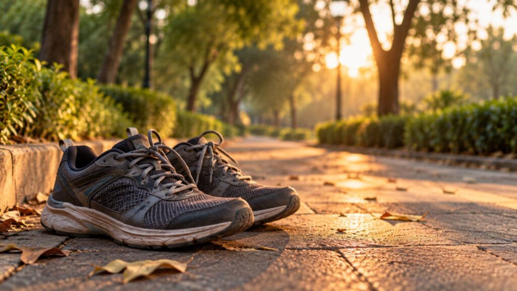 Worn walking shoes on a park path at sunrise, an answer to a sedentary lifestyle for Indian office workers