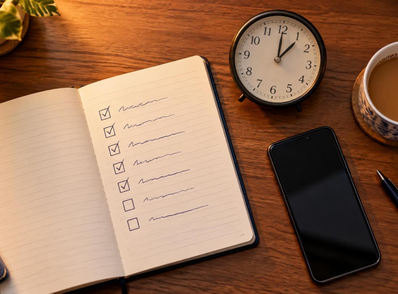 Notebook with a tick-box checklist, an analog clock, a phone and chai on a desk for the 60-minute audit