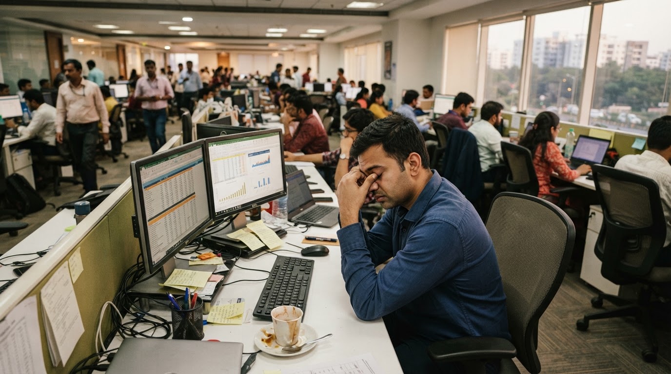 Exhausted man with his hand on his forehead at a desk in a crowded open-plan Indian office