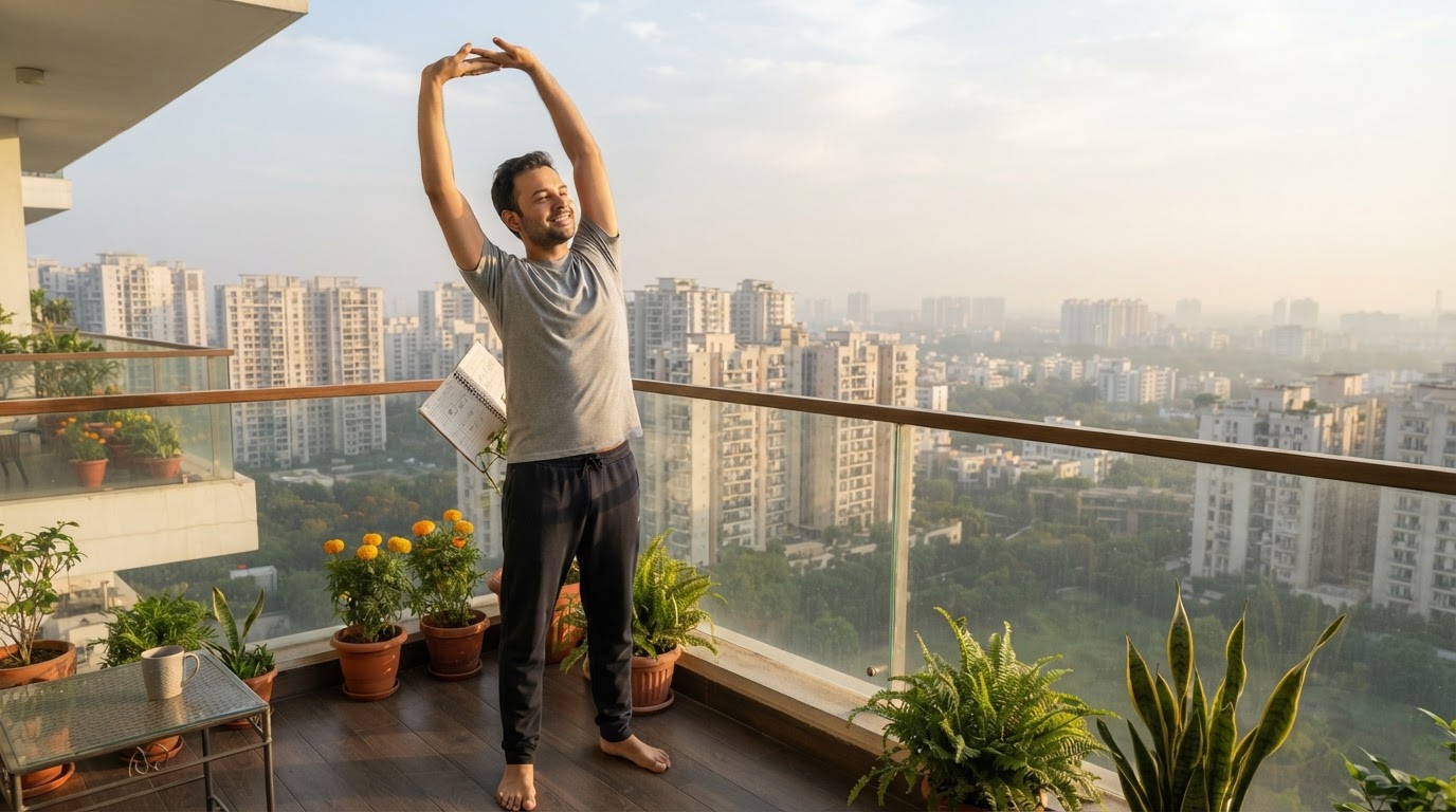 Man in a grey t-shirt stretching his arms overhead on an apartment balcony with a city skyline behind him in the morning light