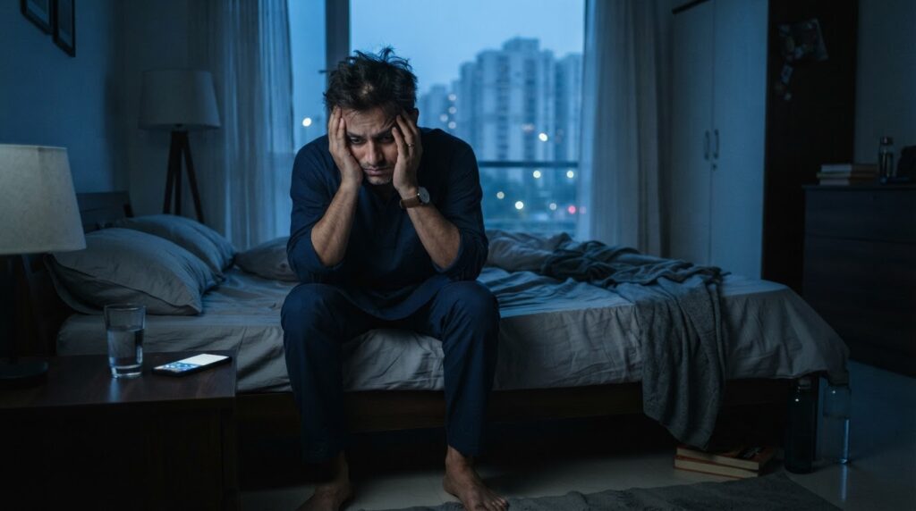 Worried man sitting on the edge of his bed at night with his hands on his head, unable to sleep, with a phone and glass of water on the bedside table