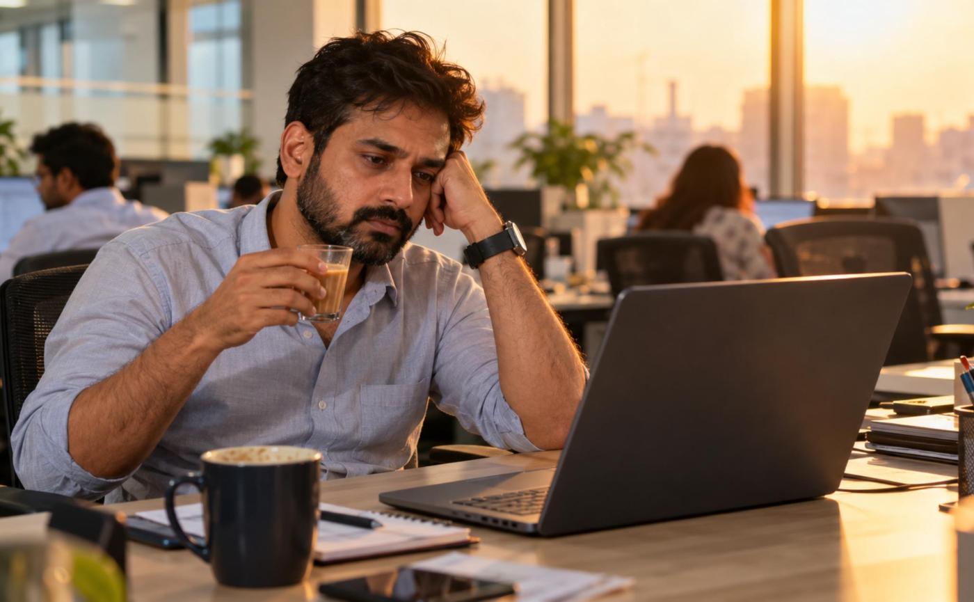 Tired Indian office worker resting his head on his hand while holding a glass of chai at his laptop in the late afternoon, a common cause of sleep problems in office workers india