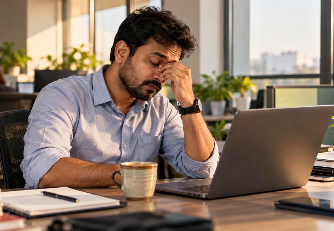 Tired office worker rubbing his eyes at his desk with a cup of chai, a typical sign of the sleeping less than 6 hours side effects